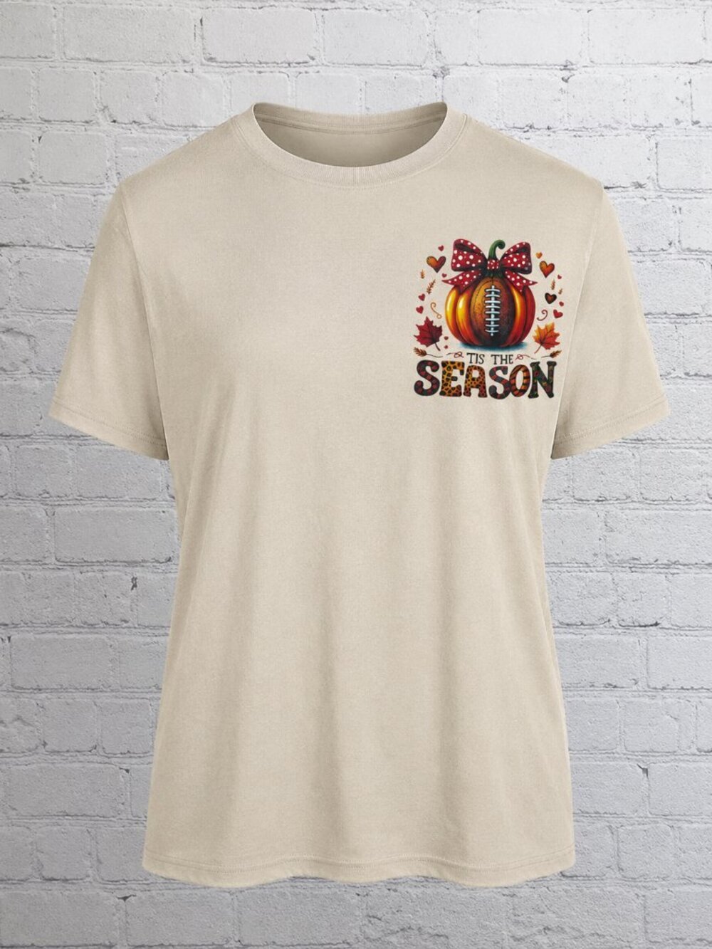 Gildan Cream Nude Short Sleeve Casual Tee with Festive Pumpkin Fall Bow Graphic